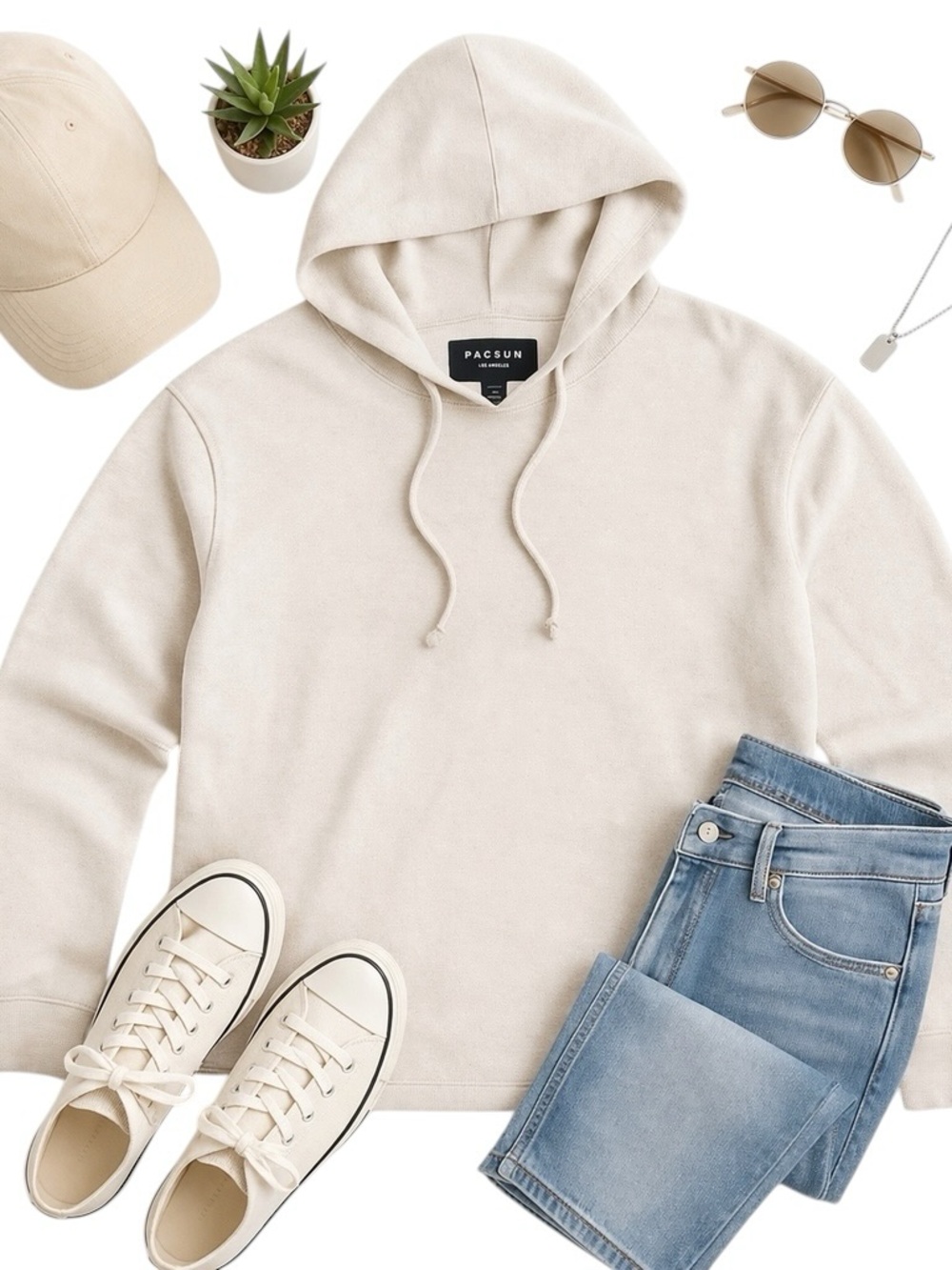 PacSun Heavyweight Hoodie Small Beige Oatmeal Neutral Minimal Streetwear in EUC